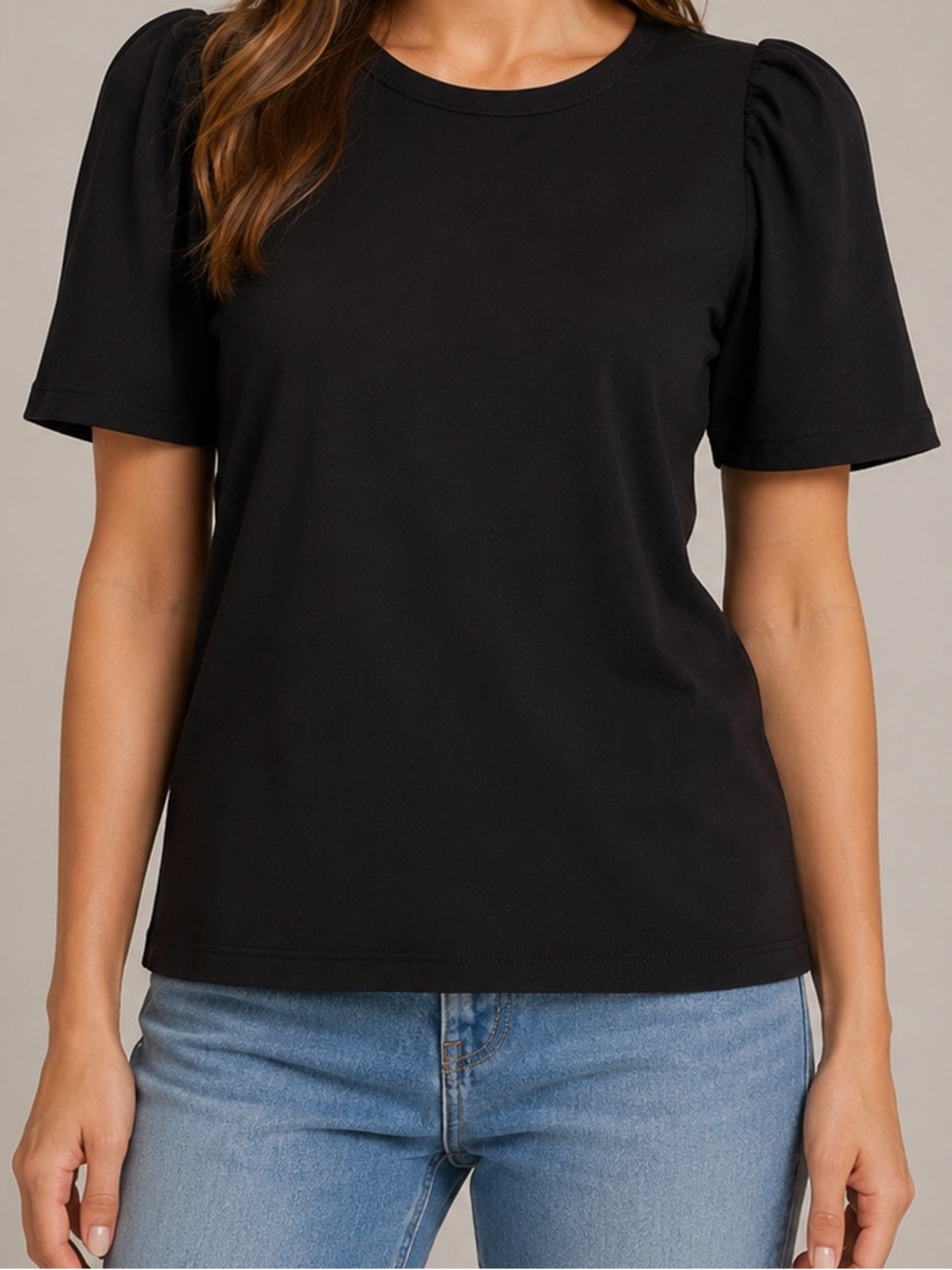 Lands’ End Black Puff Sleeve Top Women’s Small 3/4 Sleeve Crew Neck